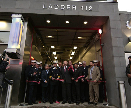 Fire Commissioner Nicholas Scoppetta, Chief of Department Salvatore J. Cassano, DDC Commissioner David J. Burney and the members of Engine Company 277 and Ladder Company 112 cut the ceremonial ribbon opening the new quarters of Engine 277/Ladder 112 in Brooklyn.
