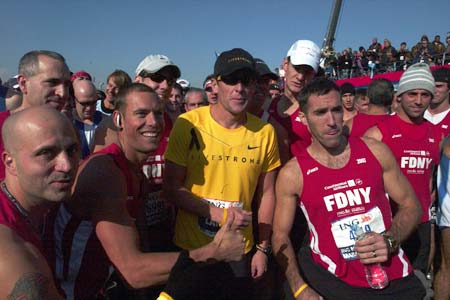 FDNY members at the marathon's starting line with champion cyclist Lance Armstrong.
