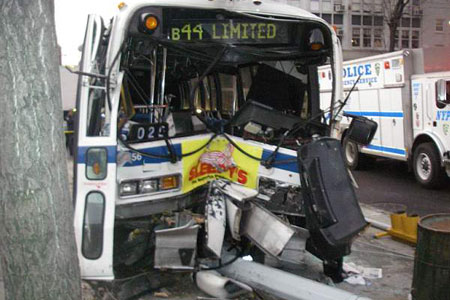FDNY firefighters and EMS members rescue and transport 15 victims of a bus accident in Brooklyn on January 9.