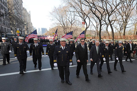 (L to R) Chief of Operations Patrick McNally, First Deputy Commissioner Frank Cruthers, Fire Commissioner Nicholas Scoppetta, Chief of Department Salvatore Cassano and Captain Thomas Kelly lead the FDNY up Fifth Avenue during the St. Patrick's Day Parade in Manhattan.