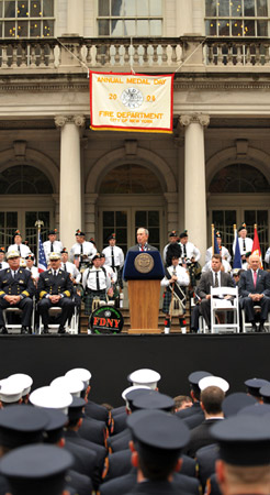 Mayor Michael Bloomberg addresses the crowd of thousands that turned out for FDNY Medal Day, saying, "on behalf of every New Yorker, our hearts are filled with gratitude and appreciation.