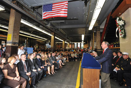 Mayor Michael Bloomberg addresses the crowd during Firefighter Daniel Pujdak's plaque dedication on June 22.