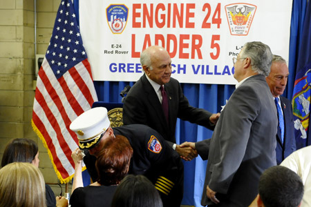 Mayor Michael Bloomberg, Fire Commissioner Nicholas Scoppetta and Chief of Department Salvatore Cassano greet Lt. Joseph Graffagnino's family at his and Firefighter Robert Beddia's plaque dedication ceremony on August 18.