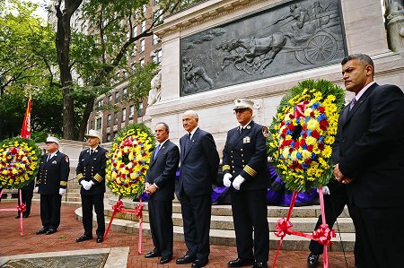 Mayor Michael Bloomberg, Fire Commissioner Nicholas Scoppetta, Chief of Department Salvatore Cassano, Chief of Operations Patrick McNally and Chief of EMS John Peruggia lay three wreaths at the Firefighter’s Memorial Monument in honor of the fire and EMS members who have died in the last year.