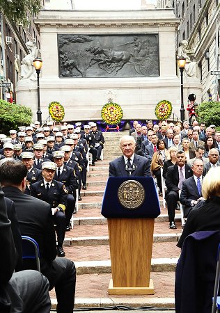 Fire Commissioner Nicholas Scoppetta addresses the crowd at FDNY Memorial Day.