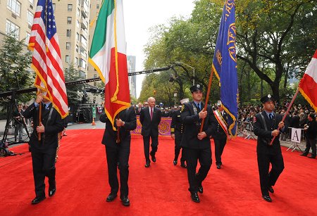 Fire Commissioner Nicholas Scoppetta, Chief of Department Salvatore Cassano, Deputy Fire Commissioner Frank Cruthers and Supervising Fire Marshal Bernard Santangelo, President of the FDNY Columbia Association, marched up Fifth Ave. in the 2008 Columbus Day Parade along with numerous FDNY members.