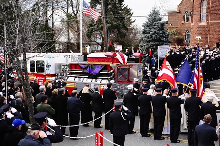 FDNY members gathered outside Sacred Heart Church in Staten Island Nov. 26 to say farewell to Lt. Robert J. Ryan Jr.