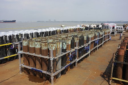 A barge lined with steel racks that hold fireworks. Each barge carries 6,000 to 7,000 fireworks shells.