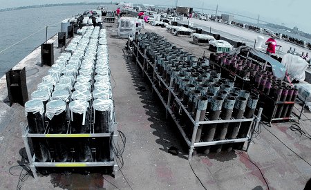 Some of the fireworks shells were covered with plastic to keep them free of rain water.