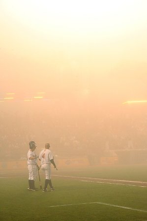 The game was called due to fog after the fifth inning.