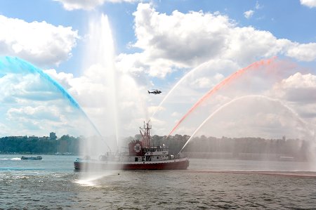 The John D. McKean of Marine Company 1 wows the crowd with a water display during FDNY Appreciation Weekend at the USS Intrepid.