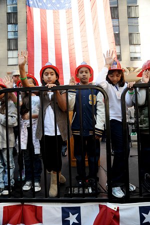 Children from P.S. 63 in Queens take the Junior Firefighter's Pledge.