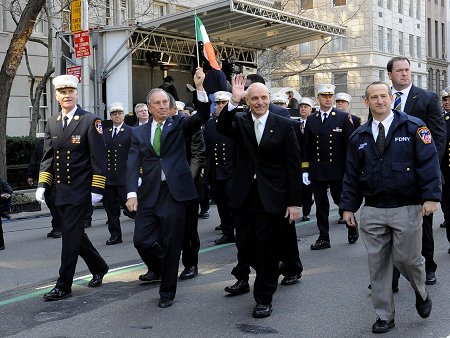 (L to R) Chief of Department Edward Kilduff, Mayor Michael Bloomberg, Fire Commissioner Salvatore Cassano and Deputy Commissioner of Legal Affairs Don Shacknai lead the FDNY contingent of the St. Patrick's Day Parade.