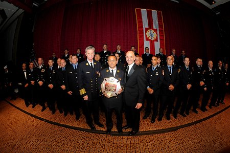 The FDNY's 42-member Urban Search and Rescue (USAR) team, part of NY Task Force 1, was honored at the gala event. The team's leader, Chief Joe Downey, stands with Fire Commissioner Salvatore Cassano and Chief of Department Edward Kilduff to receive the award. The other team members -- including FDNY physicians, firefighters and EMS members -- are lined up behind.