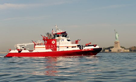 The fireboat Three Forty Three leading the parade of ships up the Hudson River on May 26, kicking off Fleet Week.