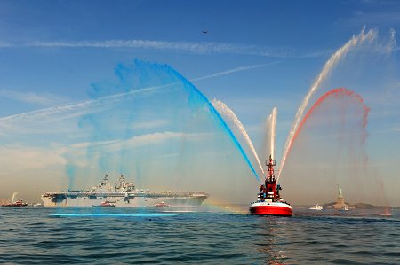FDNY fireboats welcome the U.S.S. Iwo Jima to New York City for Fleet Week.