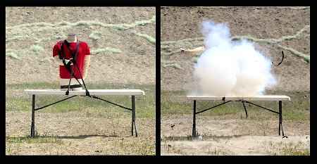Before and after shots of fireworks exploding near a mannequin.