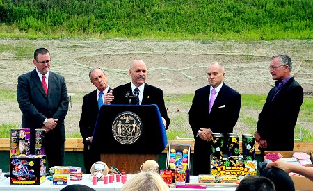 Fire Commissioner Salvatore Cassano addresses the media about the dangers of Illegal fireworks. (L to R) Housing Preservation and Development Commissioner Rafael Cestero, Mayor Michael Bloomberg, Commissioner Cassano, Police Commissioner Ray Kelly and Macy's VP for Special and Annual Events Robin Hall.