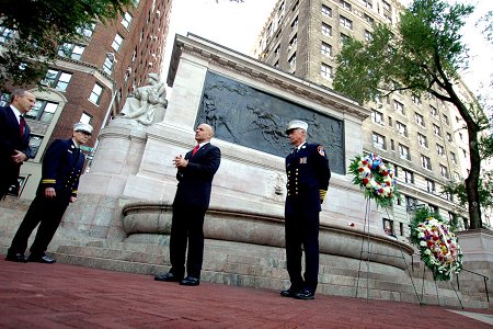 (L to R) First Deputy Commissioner Don Shacknai, FDNY Chaplain Stephen Harding, Fire Commissioner Salvatore Cassano and Chief of Department Edward Kilduff at the Firefighter�s Memorial in Upper Manhattan.