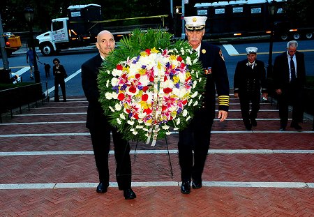 Fire Commissioner Salvatore Cassano and Chief of Department Edward Kilduff lay a wreath at the Firefighter�s Memorial in honor of the 343 FDNY members who lost their lives on Sept. 11, 2001.
