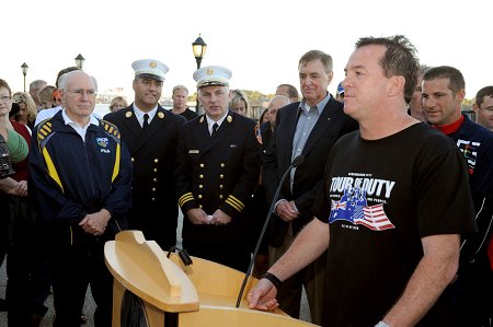 Paul Richie, the Australian firefighter who coordinated the Tour of Duty run, speaks after the group finishes their month-long, 4,600 run from Los Angeles to New York City. (L to R) Former Australian Prime Minister John Howard, Chief James Daly, Chief Edward Baggott and Consul General Philip Scanlon.