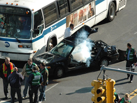 The simulated car explosion near a city bus for the multi-agency drill simulating a mass-casualty incident on Oct. 17.