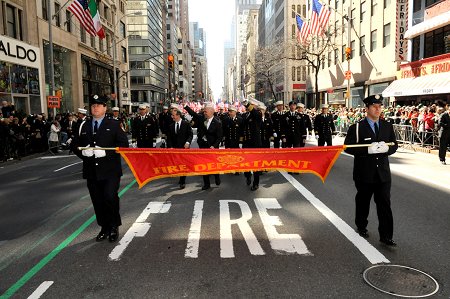 Fire Commissioner Salvatore Cassano, Chief of Department Edward Kilduff, First Deputy Commissioner Don Shacknai and various staff chiefs march up Fifth Avenue in the 250th Annual St. Patrick's Day Parade.