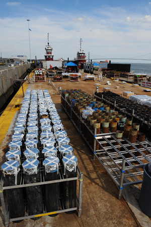 Fireworks set up on one of the six barges used for the Macy's 4th of July Fireworks.