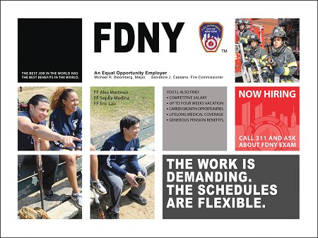 One of the ads featuring Firefighters Erick Lau, Alex Martinez and Sophy Medina.