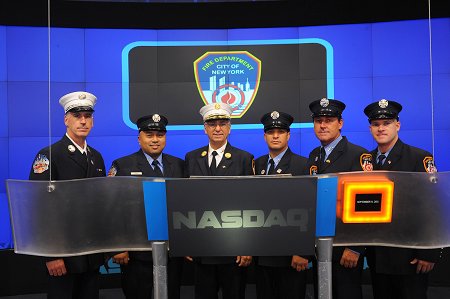 Manhattan Borough Commander James Esposito and members of Engine 65 rang the opening bell of the NASDAQ on Sept. 9, in honor of the 10th anniversary of the Sept. 11 attacks.