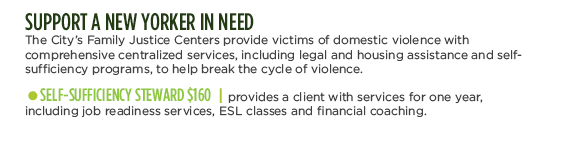 SUPPORT A NEW YORKER IN NEED - The City's Family Justice Centers provide victims of domestic violence with comprehensive centralized services, including legal and housing assistance and self-sufficiency programs, to help break the cycle of violence. SELF-SUFFICIENCY STEWARD $160 | provides a client with services for one year including job readiness services, ESL classes and financial coaching.
