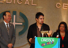 HHC President Alan Aviles, Tony and Grammy Award winner Lin-Manuel Miranda and HHC Senior VP Iris Jimenez-Hernandez
