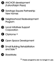 Legend for the bed-stuy walking tour map:  (A) ANCHOR development; (B)Saratoga Square Partnership New Homes; (C) Neighborhood Redevelopement Program; (D) LocalInitiatives Support Corporation; (E) CityHome; (F)Open Space Development; (G)SmallBuilding Rehab. and Sale; (H) Storeworks.