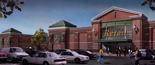 Rendering of the gateway retail center with cars parked and people entering.  Photo property of NYCHPD.