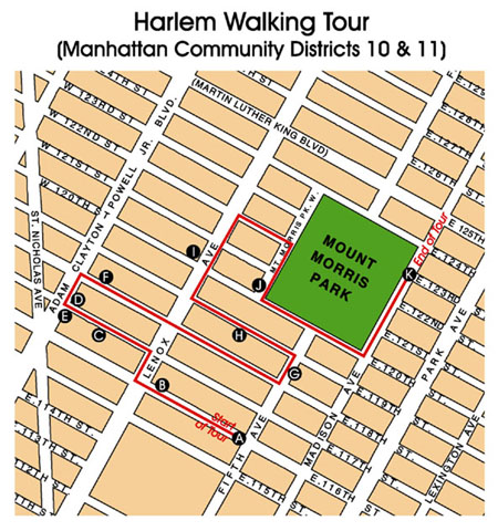 Map of the route of the harlem walking tour.