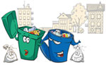 image: recycling bins and bags with residential buildings