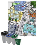 image: labeled recycling bins with businesses