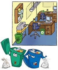 image: recycling bins and bags at an office