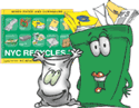 green recycling bin with decal and clear bag