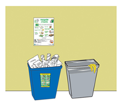 paper recycling next to trash bin 