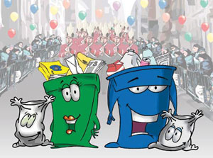 illlustration recycling bin and bag characters at street event