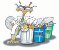 WCS cartoon logo: erudite cat examines contents of NYC's garbage cans and recycling bins