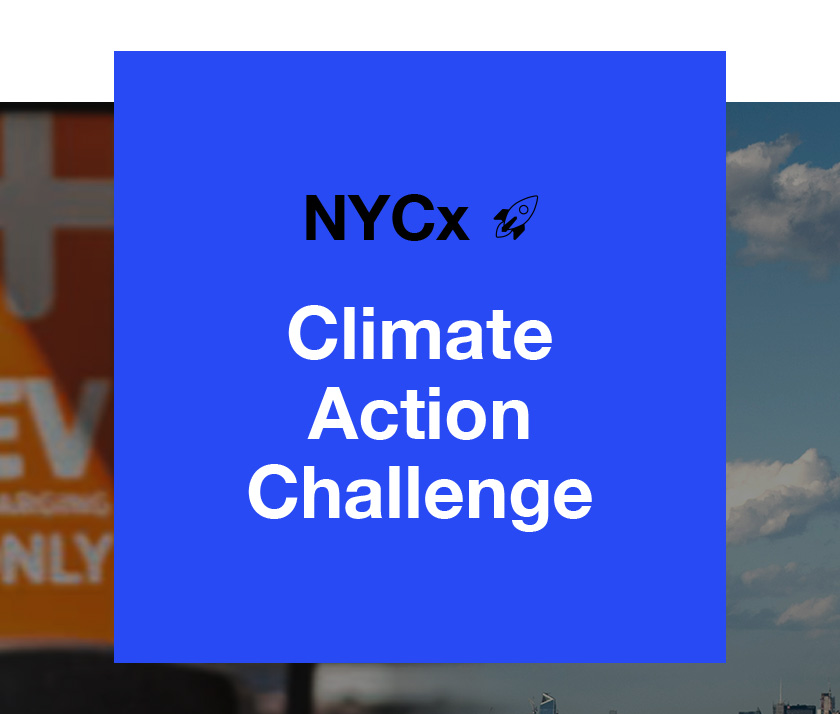 Header Image of blue square with text that reads: NYCx: Climate Action Challenge