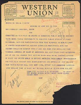 Telegram to Mayor Fiorello LaGuardia from the Committee on Fair Play in sports, November 28, 1935.