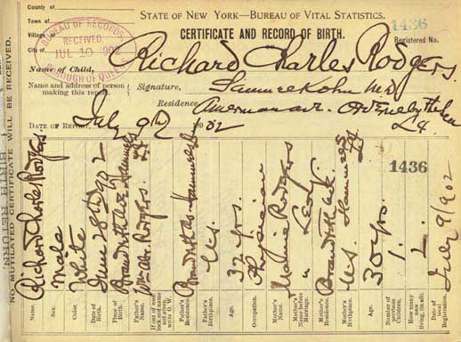 Richard Rodgers' birth certificate