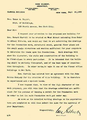 Department of Buildings folder for 90 West Street, Manhattan, Block 56, Lot 4(New Building application no. 1376 of 1905).