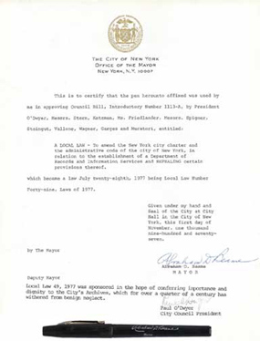 The letter certifying the pen shown was used by Mayor Beame to sign his approval for Local law 49 of 1977 to create the Department of Records and Information Services.