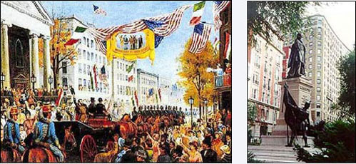 Caption: Oil painting by Sándor Bodó,The Statue of Lajos Kossuth stands at 113th and Riverside Park.