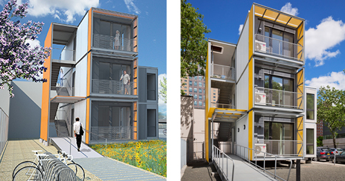 Post-disaster housing prototype project. Photo credit: AMSS (left) and Andrew Rugge/Archphoto (right)