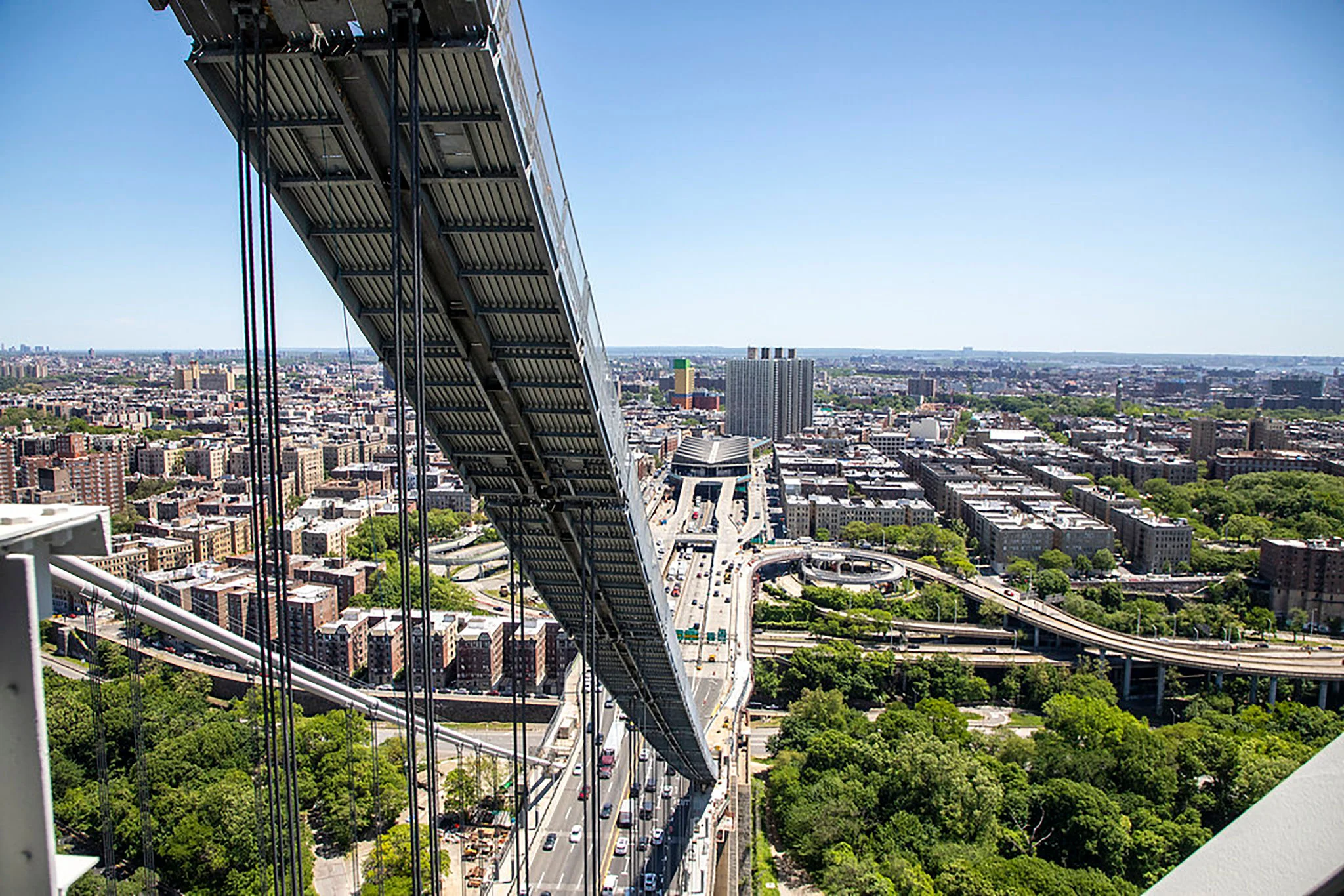 Top-down view of the George Washington Bridge looking towards the Washington Heights neighborhood in Manhattan, New York.